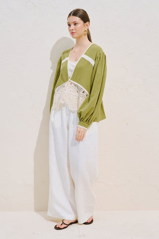 Lace Detail Muslin Blouse Green
