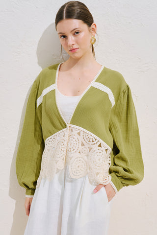 Lace Detail Muslin Blouse Green