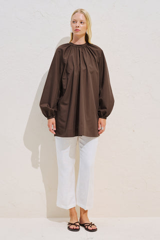 Belted Balloon Sleeve Tunic Brown
