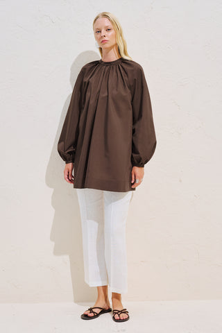 Belted Balloon Sleeve Tunic Brown