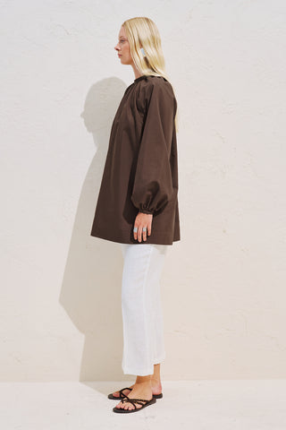 Belted Balloon Sleeve Tunic Brown