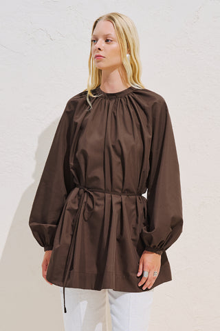 Belted Balloon Sleeve Tunic Brown