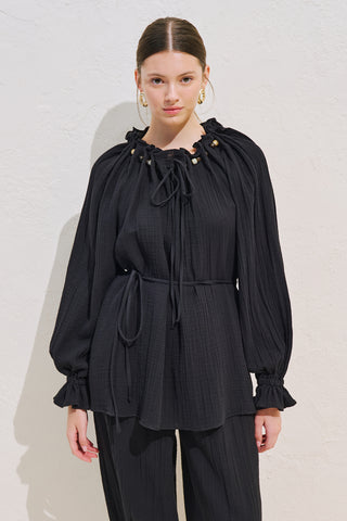 Gathered Neck Muslin Blouse Black
