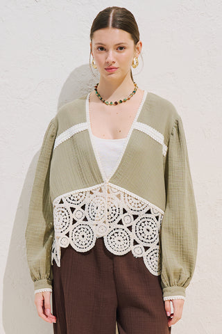 Lace Detail Muslin Blouse Sage Green