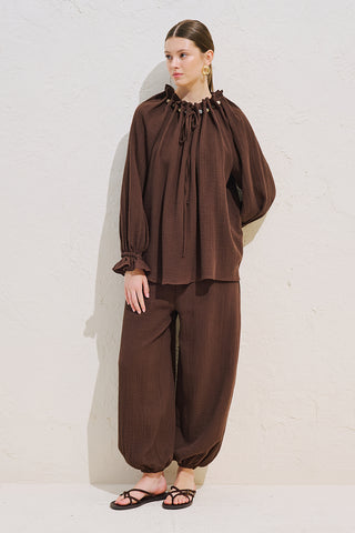 Gathered Neck Muslin Blouse Dusty Brown