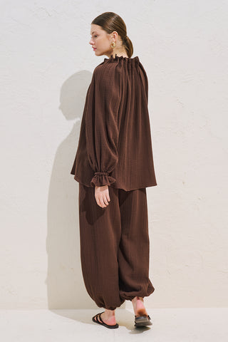 Gathered Neck Muslin Blouse Dusty Brown