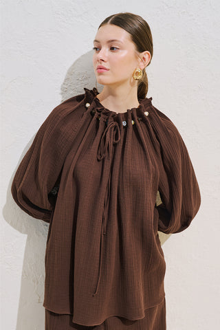 Gathered Neck Muslin Blouse Dusty Brown