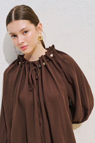 Gathered Neck Muslin Blouse Dusty Brown