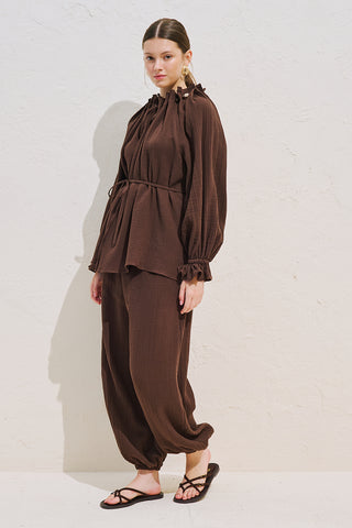 Gathered Neck Muslin Blouse Dusty Brown