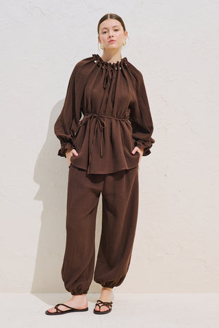 Gathered Neck Muslin Blouse Dusty Brown