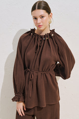 Gathered Neck Muslin Blouse Dusty Brown