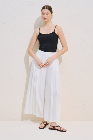 Linen Blend Wide Pleated Trousers Ecru