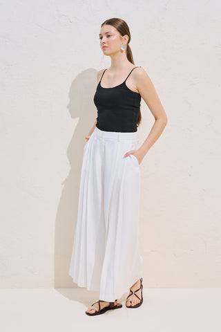 Linen Blend Wide Pleated Trousers Ecru