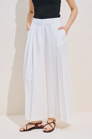 Linen Blend Wide Pleated Trousers Ecru