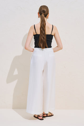 Linen Blend Wide Pleated Trousers Ecru