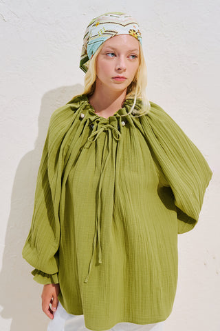 Gathered Neck Muslin Blouse Green