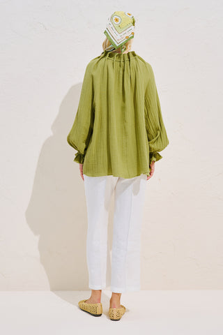 Gathered Neck Muslin Blouse Green