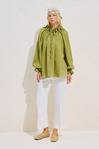 Gathered Neck Muslin Blouse Green