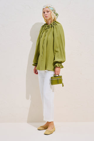Gathered Neck Muslin Blouse Green