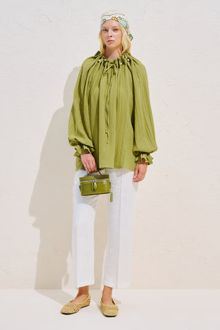 Gathered Neck Muslin Blouse Green