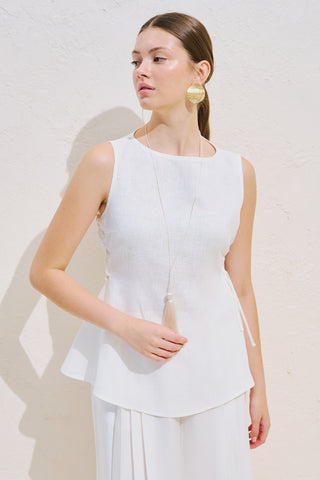 Linen Sleeveless Tie Detail Blouse Ecru