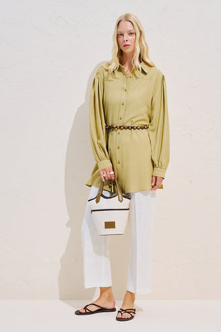 Linen Blend Long Balloon Sleeve Tunic Green