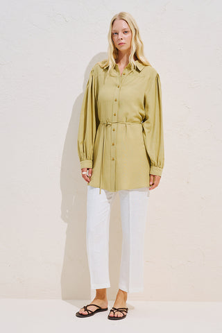 Linen Blend Long Balloon Sleeve Tunic Green