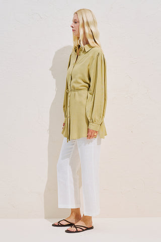 Linen Blend Long Balloon Sleeve Tunic Green
