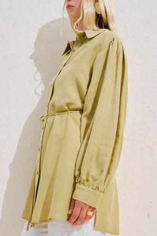 Linen Blend Long Balloon Sleeve Tunic Green