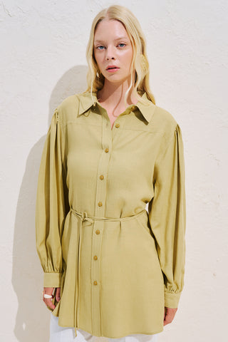 Linen Blend Long Balloon Sleeve Tunic Green
