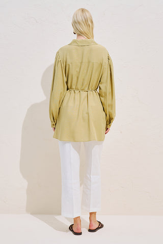 Linen Blend Long Balloon Sleeve Tunic Green