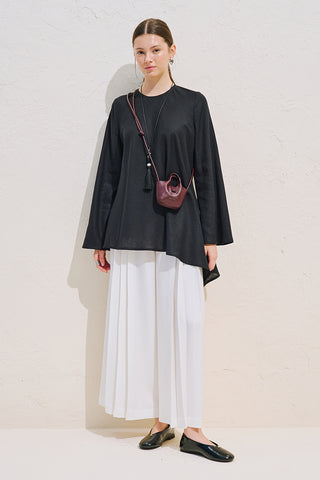 Linen Blend Asymmetric Blouse Black