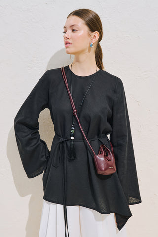 Linen Blend Asymmetric Blouse Black