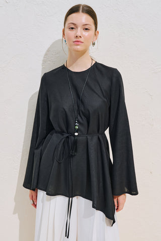 Linen Blend Asymmetric Blouse Black