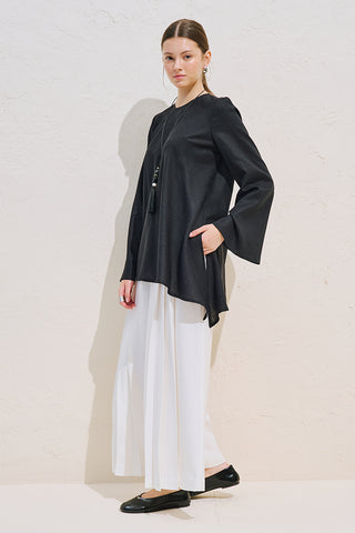Linen Blend Asymmetric Blouse Black
