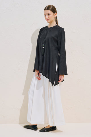 Linen Blend Asymmetric Blouse Black