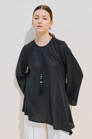 Linen Blend Asymmetric Blouse Black