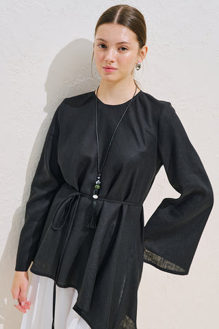 Linen Blend Asymmetric Blouse Black