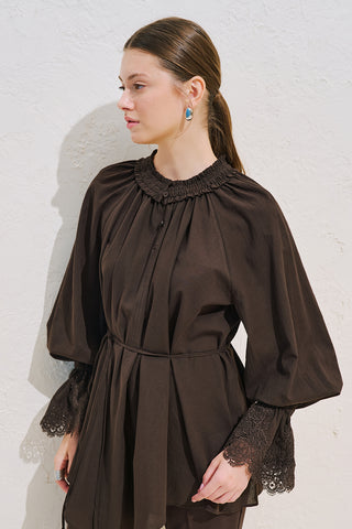 Lace Sleeve Edition Blouse Dark Brown
