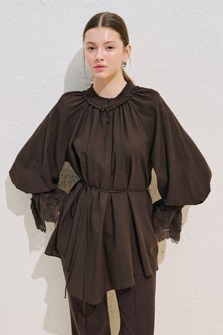 Lace Sleeve Edition Blouse Dark Brown