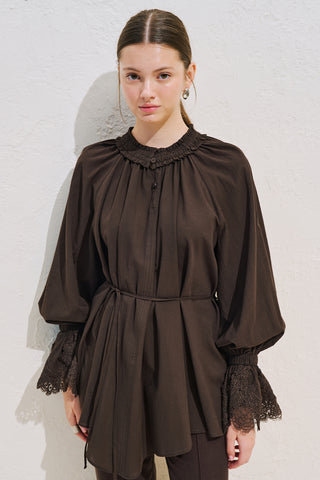 Lace Sleeve Edition Blouse Dark Brown