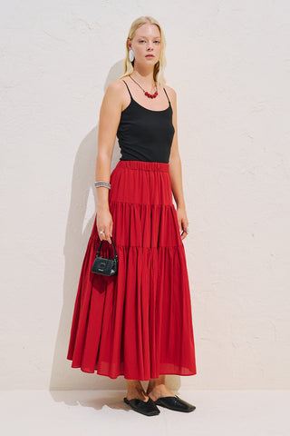Tiered Gathered Maxi Skirt Red