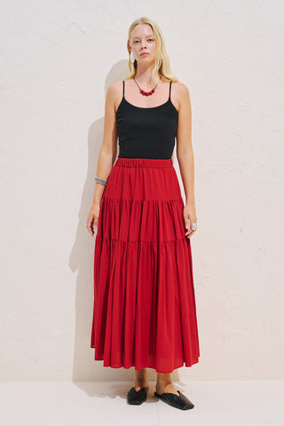 Tiered Gathered Maxi Skirt Red