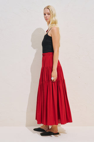 Tiered Gathered Maxi Skirt Red