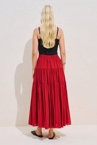 Tiered Gathered Maxi Skirt Red