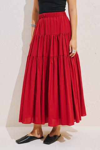 Tiered Gathered Maxi Skirt Red
