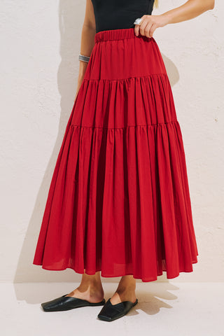 Tiered Gathered Maxi Skirt Red