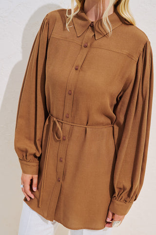 Linen Blend Long Balloon Sleeve Tunic Tile