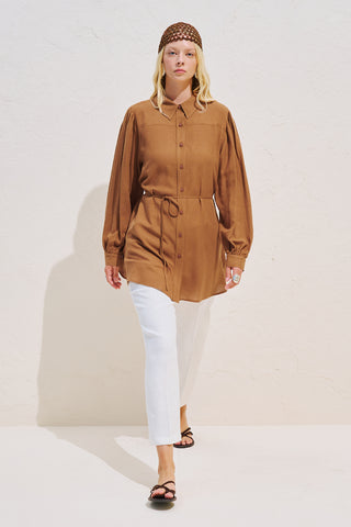 Linen Blend Long Balloon Sleeve Tunic Tile