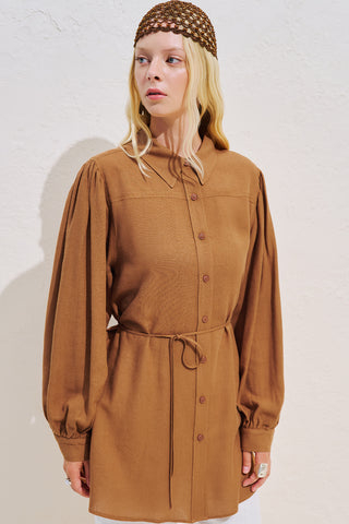 Linen Blend Long Balloon Sleeve Tunic Tile